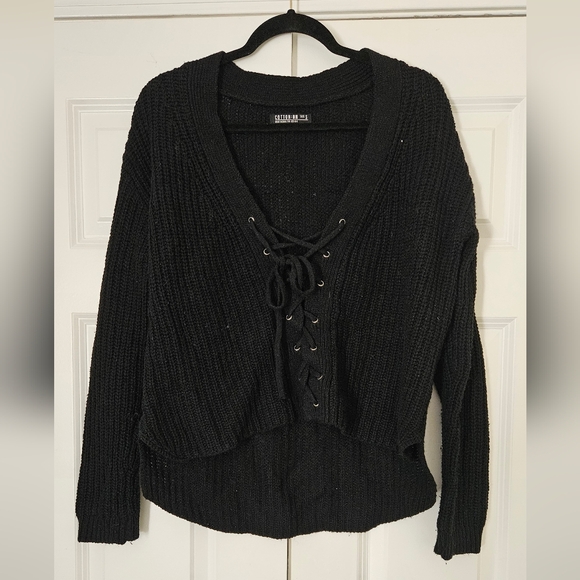 Cotton On Black Lace-Up V-Neck Sweater - Picture 1 of 5